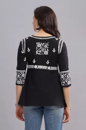Women Black Cotton Chikankari short Kurta | Embroidered Ethnic Wear