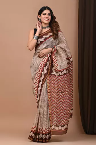 Beige hand block printed with natural dye cotton silk saree with blouse piece