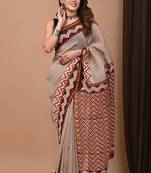 Beige hand block printed with natural dye cotton silk saree with blouse piece