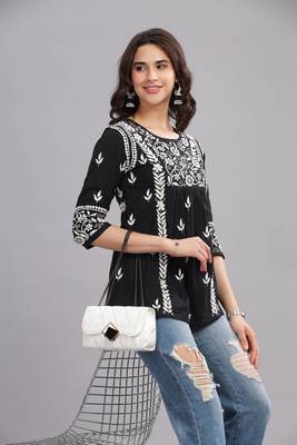 Black Cotton Chikankari short Kurta | Embroidered Ethnic Wear 3