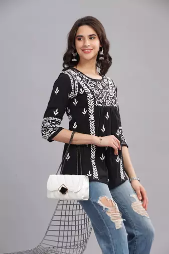 Women Black Cotton Chikankari short Kurta | Embroidered Ethnic Wear
