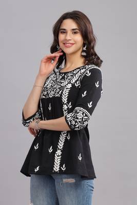 Black Cotton Chikankari short Kurta | Embroidered Ethnic Wear 4