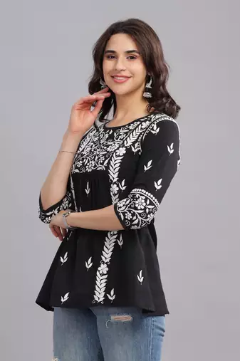 Women Black Cotton Chikankari short Kurta | Embroidered Ethnic Wear