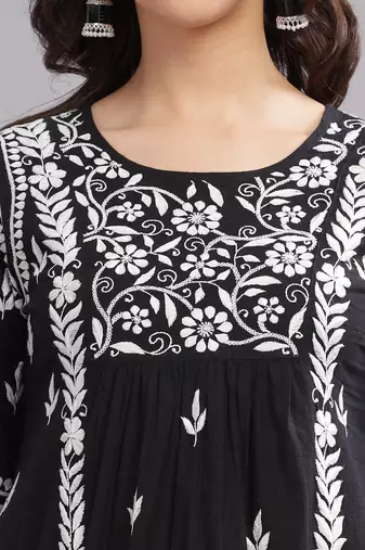 Women Black Cotton Chikankari short Kurta | Embroidered Ethnic Wear