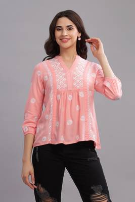 Women Pink Cotton Chikankari Kurta | Embroidered Short Kurti Top 1