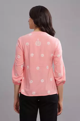 Women Pink Cotton Chikankari Kurta | Embroidered Short Kurti Top