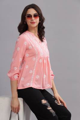 Women Pink Cotton Chikankari Kurta | Embroidered Short Kurti Top 3