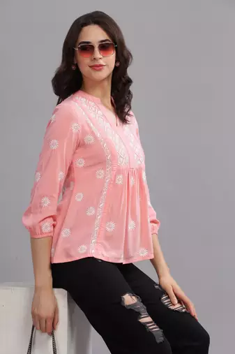 Women Pink Cotton Chikankari Kurta | Embroidered Short Kurti Top