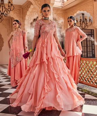 Peach silk blend embroidered anarkali lehenga 2