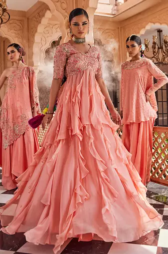 Peach silk blend embroidered anarkali lehenga