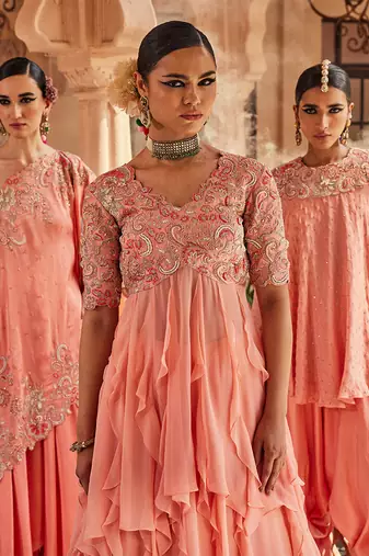 Peach silk blend embroidered anarkali lehenga