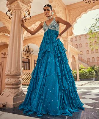 Blue silk blend embroidered anarkali lehenga 1