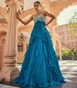 Blue silk blend embroidered anarkali lehenga