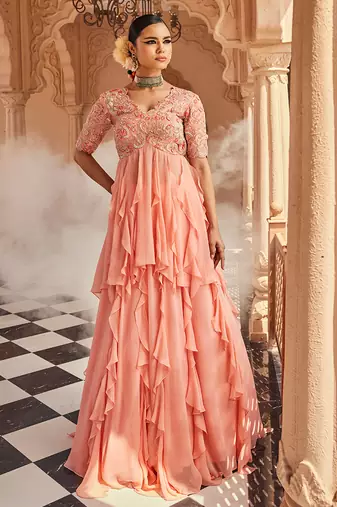 Peach silk blend embroidered anarkali lehenga