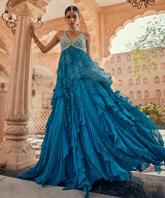 Blue silk blend embroidered anarkali lehenga 2