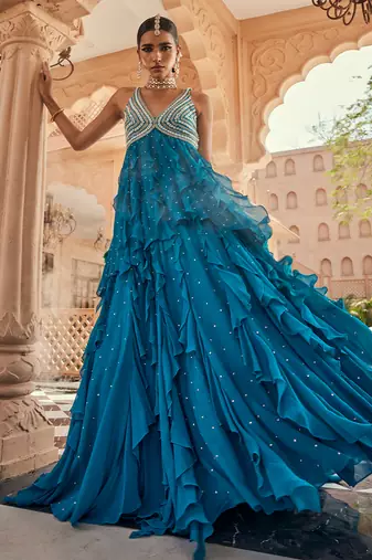 Blue silk blend embroidered anarkali lehenga