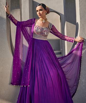Bright purple silk blend floral embroidered anarkali 1