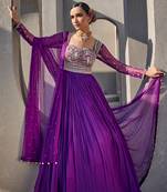 Bright purple silk blend floral embroidered anarkali