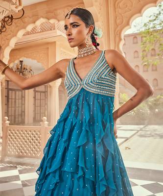 Blue silk blend embroidered anarkali lehenga 3