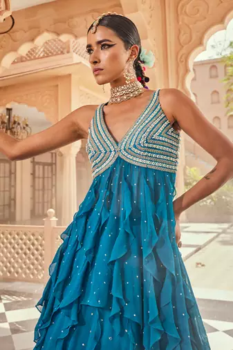 Blue silk blend embroidered anarkali lehenga
