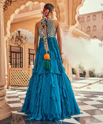 Blue silk blend embroidered anarkali lehenga 4
