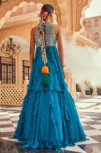 Blue silk blend embroidered anarkali lehenga