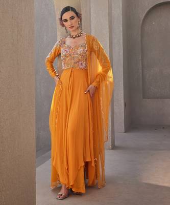 Yellow silk blend floral resham embroidered anarkali 1