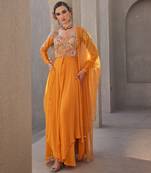Yellow silk blend floral resham embroidered anarkali