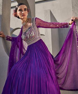 Bright purple silk blend floral embroidered anarkali 3