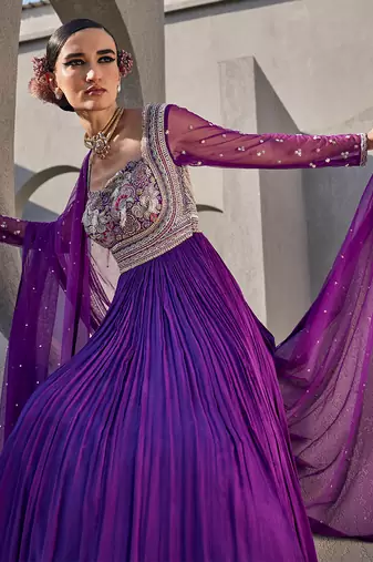Bright purple silk blend floral embroidered anarkali