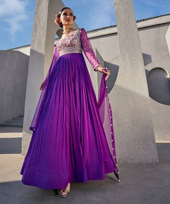 Bright purple silk blend floral embroidered anarkali 4