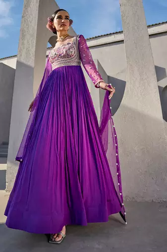 Bright purple silk blend floral embroidered anarkali