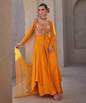 Yellow silk blend floral resham embroidered anarkali 2