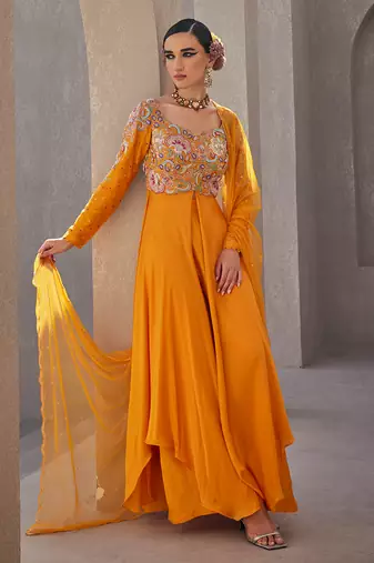 Yellow silk blend floral resham embroidered anarkali
