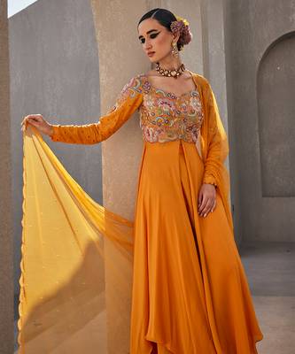 Yellow silk blend floral resham embroidered anarkali 3