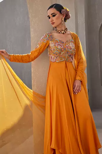 Yellow silk blend floral resham embroidered anarkali