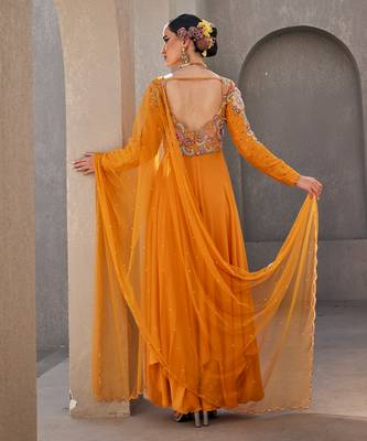 Yellow silk blend floral resham embroidered anarkali 4