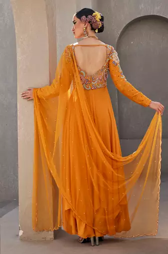 Yellow silk blend floral resham embroidered anarkali