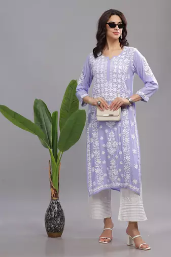 Lavender Modal Chikankari Embroidered Kurta for Women | Premium Ethnic Style
