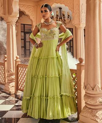 Apple green silk blend floral embroidered anarkali lehenga 1