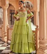 Apple green silk blend floral embroidered anarkali lehenga