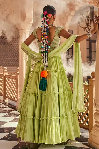 Apple green silk blend floral embroidered anarkali lehenga