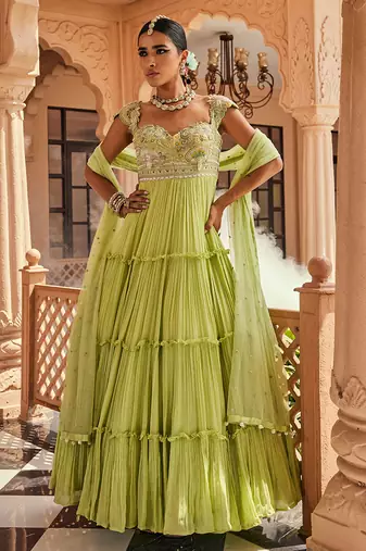 Apple green silk blend floral embroidered anarkali lehenga