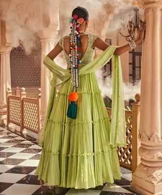 Apple green silk blend floral embroidered anarkali lehenga 4