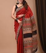 Rust hand block printed with natural dye cotton silk saree with blouse piece