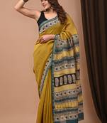 Mustard hand block printed with natural dye cotton silk saree with blouse piece