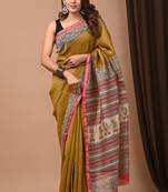 Dusty yellow hand block printed with natural dye cotton silk saree with blouse piece