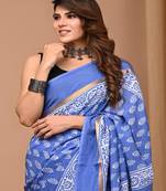 Blue hand block printed with natural dye cotton silk saree with blouse piece