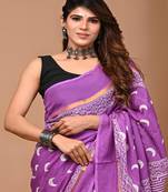 Purple hand block printed with natural dye cotton silk saree with blouse piece