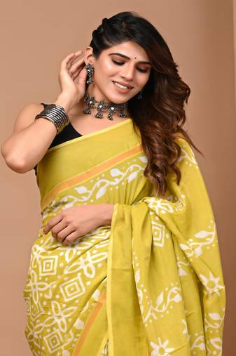 Mustard hand block printed with natural dye cotton silk saree with blouse piece